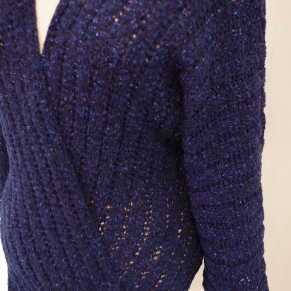 Bebe "Caspian Blue" Metallic Knit Faux Wrap Sweater- Sz. Sm - Picture 6 of 8